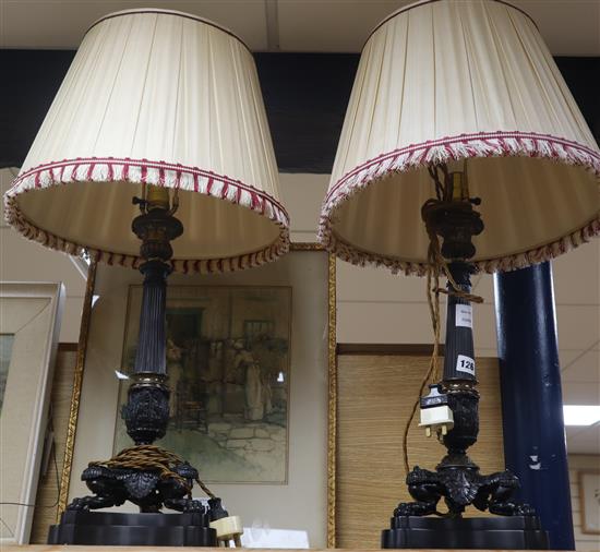 A pair of Regency style bronze table lamps